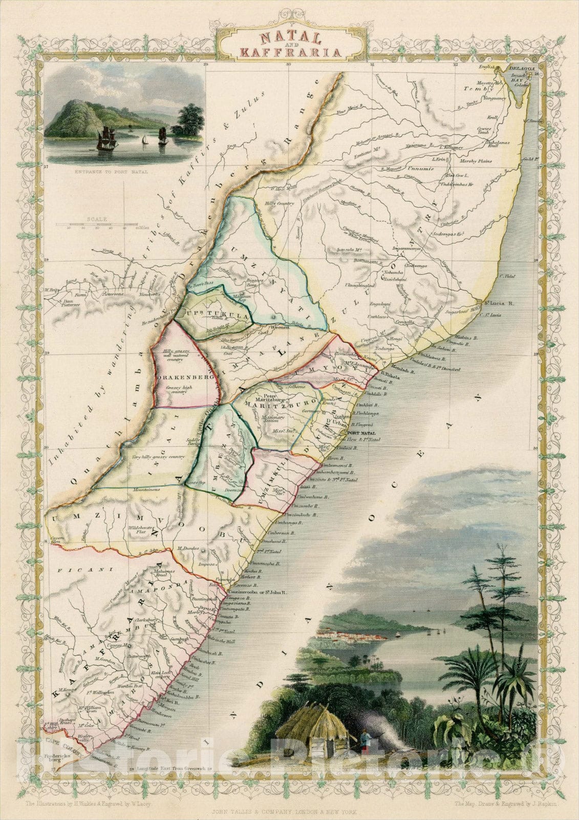 Historic Map : Natal and Kaffraria, 1851, John Tallis, v6, Vintage Wall Art