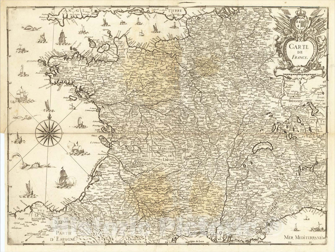 Historic Map : Carte de France, 1634, Christopher Tassin, Vintage Wall Art