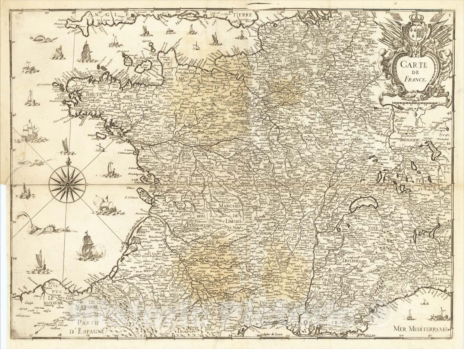 Historic Map : Carte de France, 1634, Christopher Tassin, Vintage Wall Art