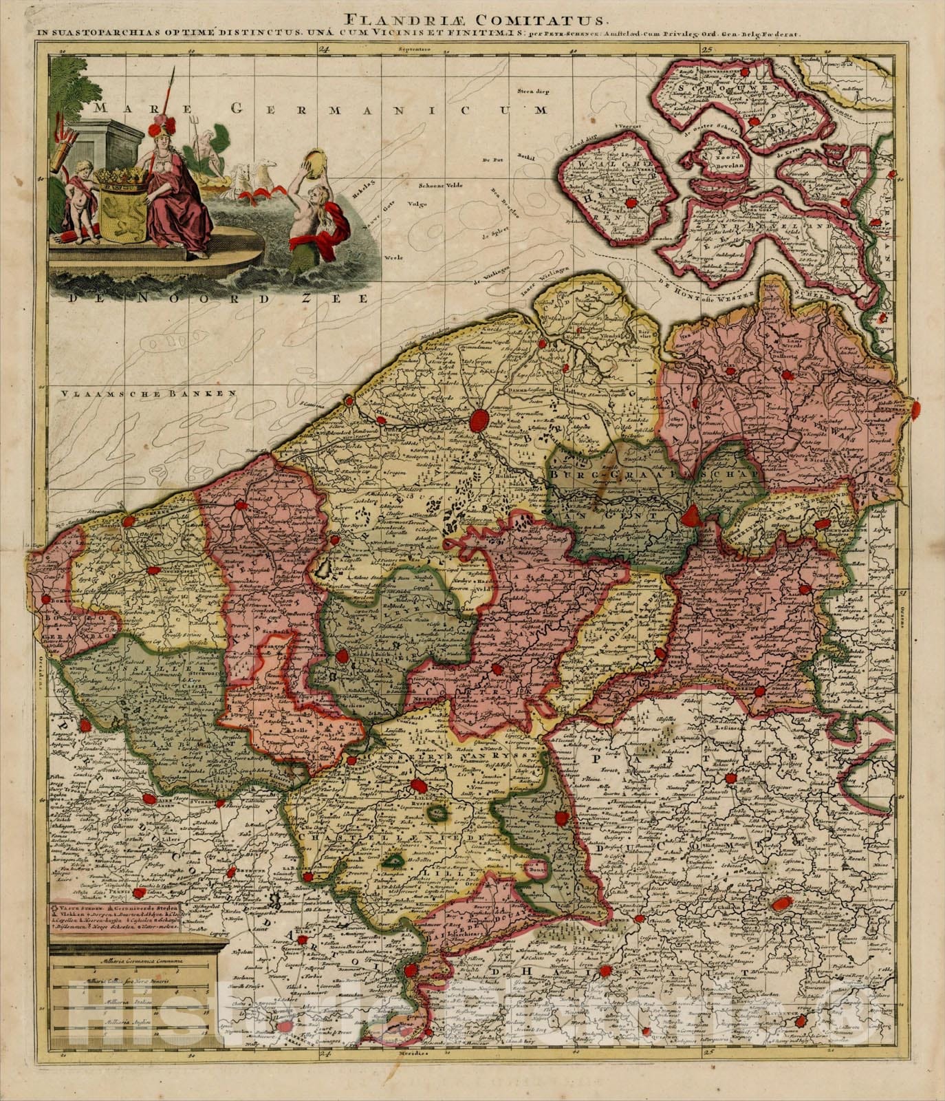 Historic Map : Flandria Comitatus In suas Toparchias Optime Distinctus Una cum Vicinis et Finitimis, c1700, Peter Schenk, Vintage Wall Art