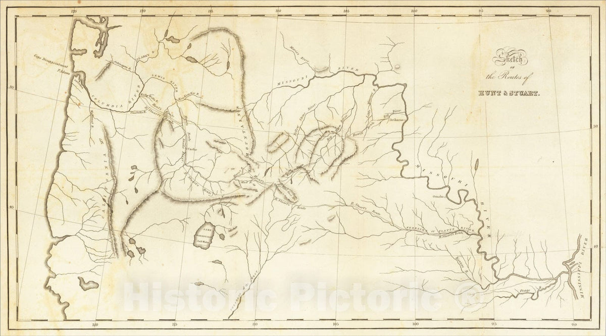 Historic Map : Sketch of the Routes of Hunt and Stuart, 1836, Carey, Lea & Blanchard, Vintage Wall Art
