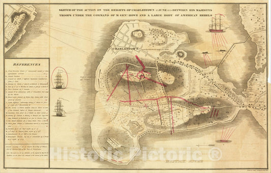 Historic Map : Sketch of the Action on the Heights of Charlestown 17 June 1775 Between His Majestys Troops, 1818, Henery De Berniere, Vintage Wall Art