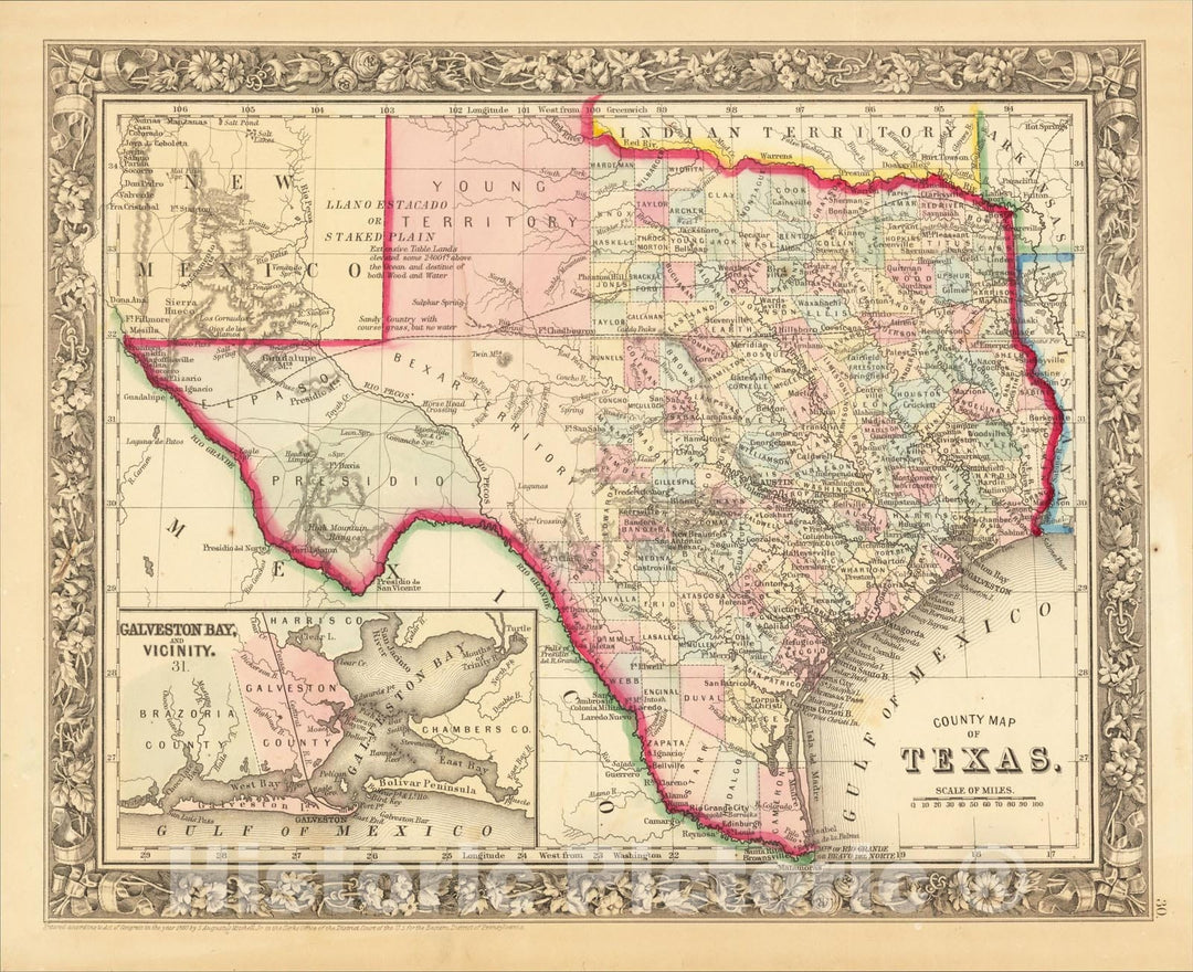 Historic Map : County Map of Texas, 1861, Samuel Augustus Mitchell Jr., Vintage Wall Art