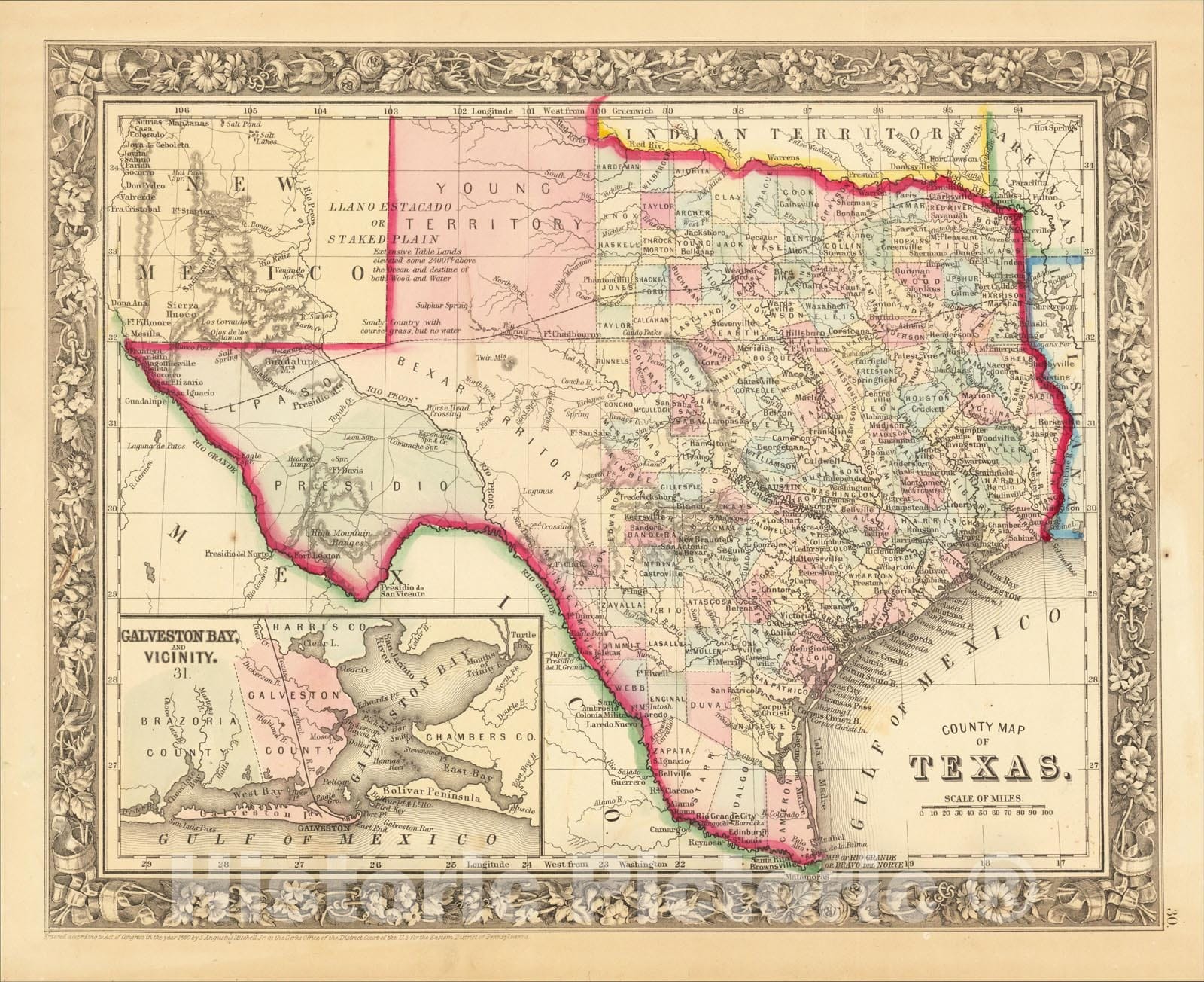 Historic Map : County Map of Texas, 1861, Samuel Augustus Mitchell Jr., Vintage Wall Art