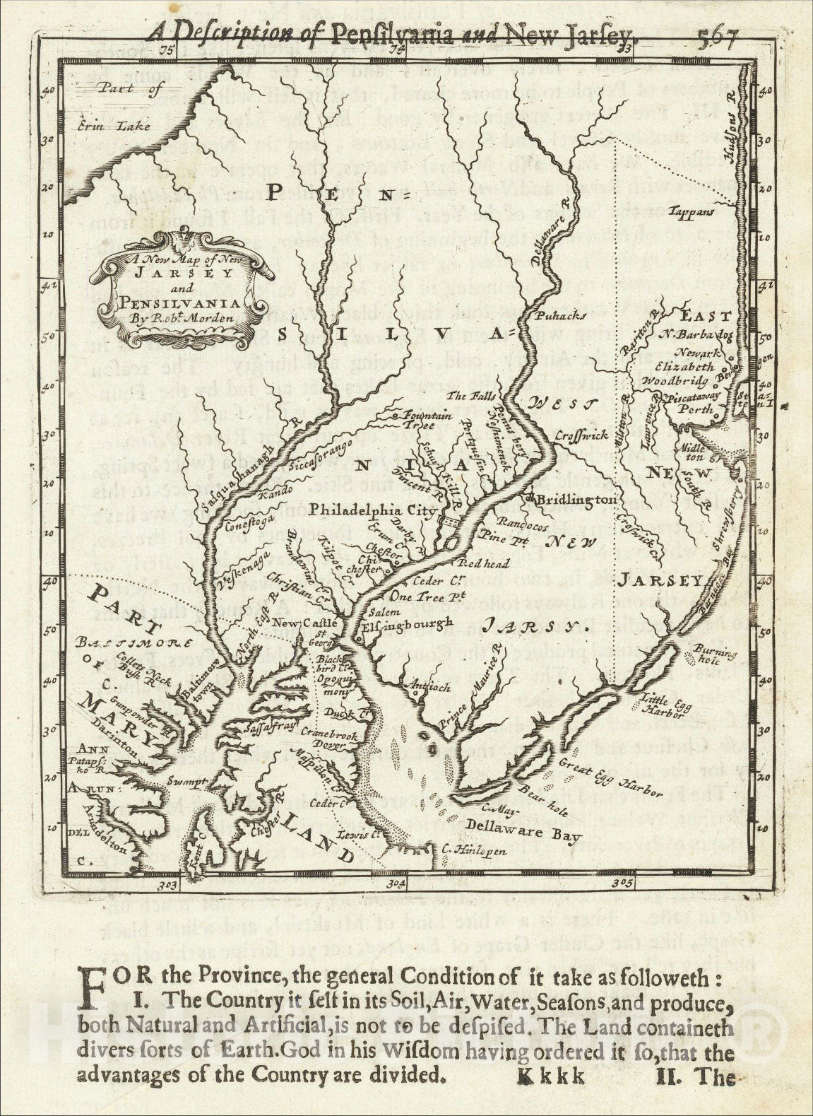 Historic Map : A New Map of New Jarsey and Pensilvania, 1688, Robert Morden, Vintage Wall Art