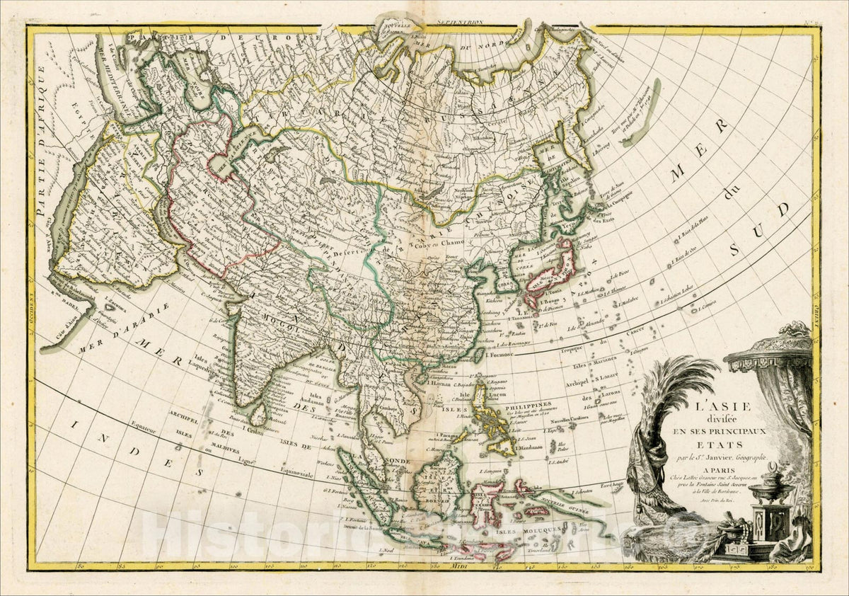 Historic Map : L'Asie Divisee en ses Principaux Etats, 1762, Jean Janvier, v2, Vintage Wall Art