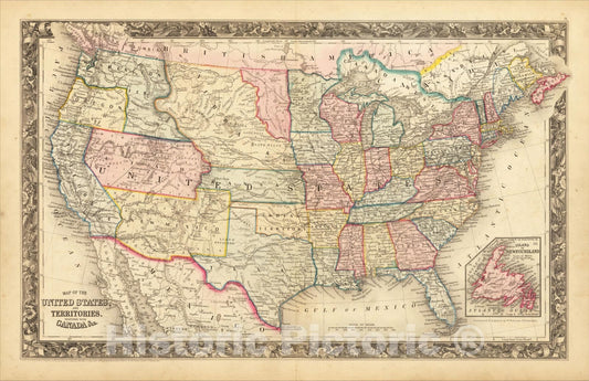Historic Map : Map of the United States And Territories, Together with Canada andc. (), 1860, Samuel Augustus Mitchell Jr., Vintage Wall Art
