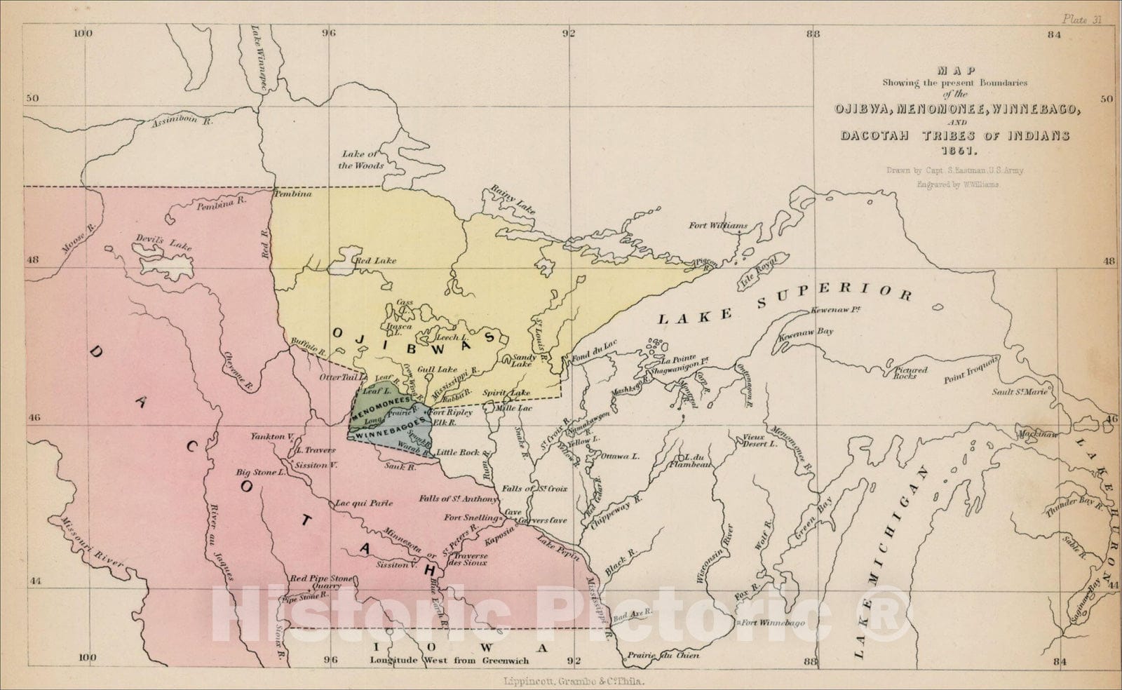 Historic Map : Map Showing the present Boundaries of the Ojibwa, Menomonee, Winnebago, and Dacotah Tribes of Indians 1856., 1851, Henry Schoolcraft, Vintage Wall Art