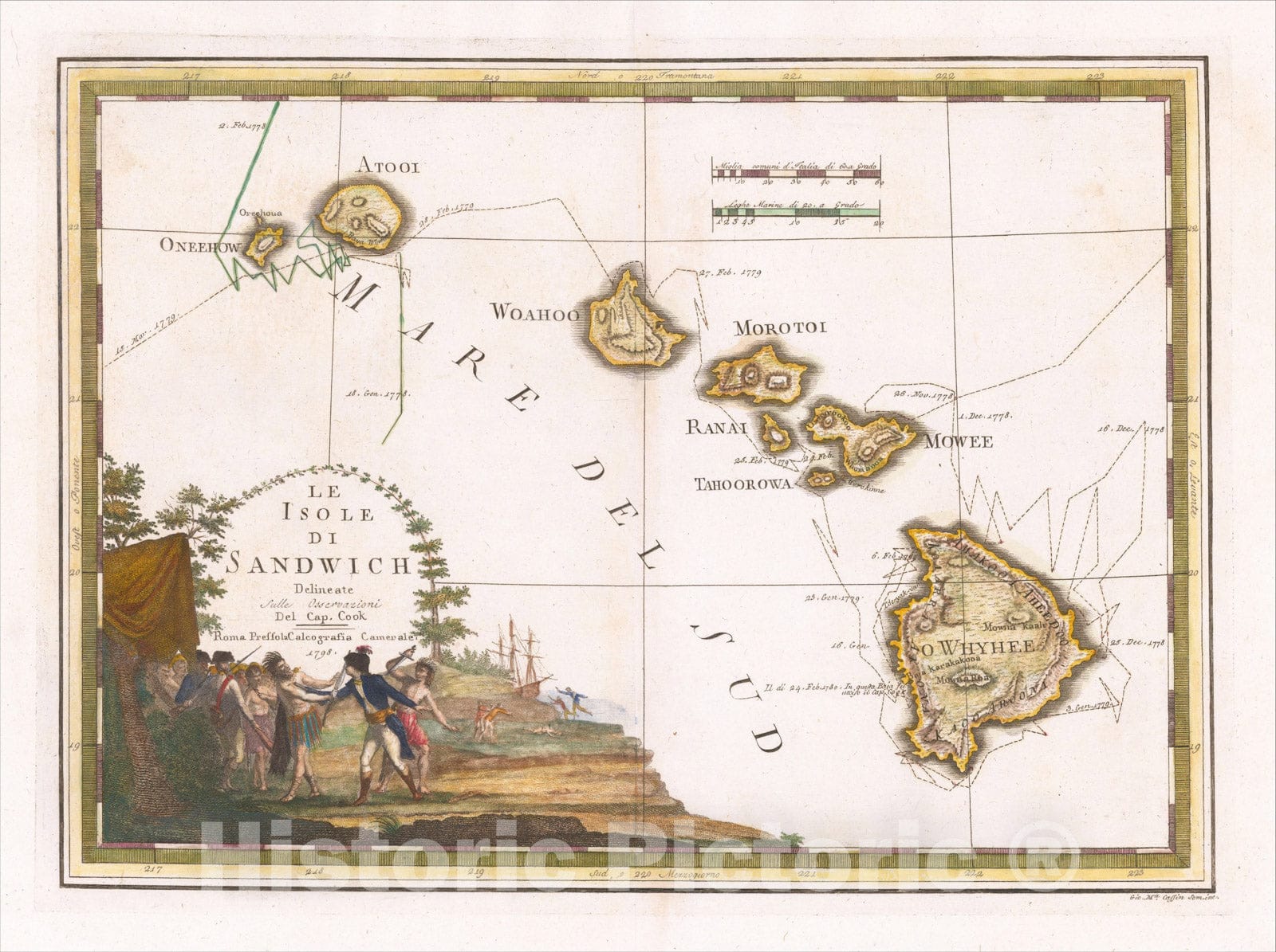 Historic Map : Le Isole di Sandwich Delineate Sulle Osservazioni De. Cap. Cook, 1798, 1798, Giovanni Maria Cassini, Vintage Wall Art