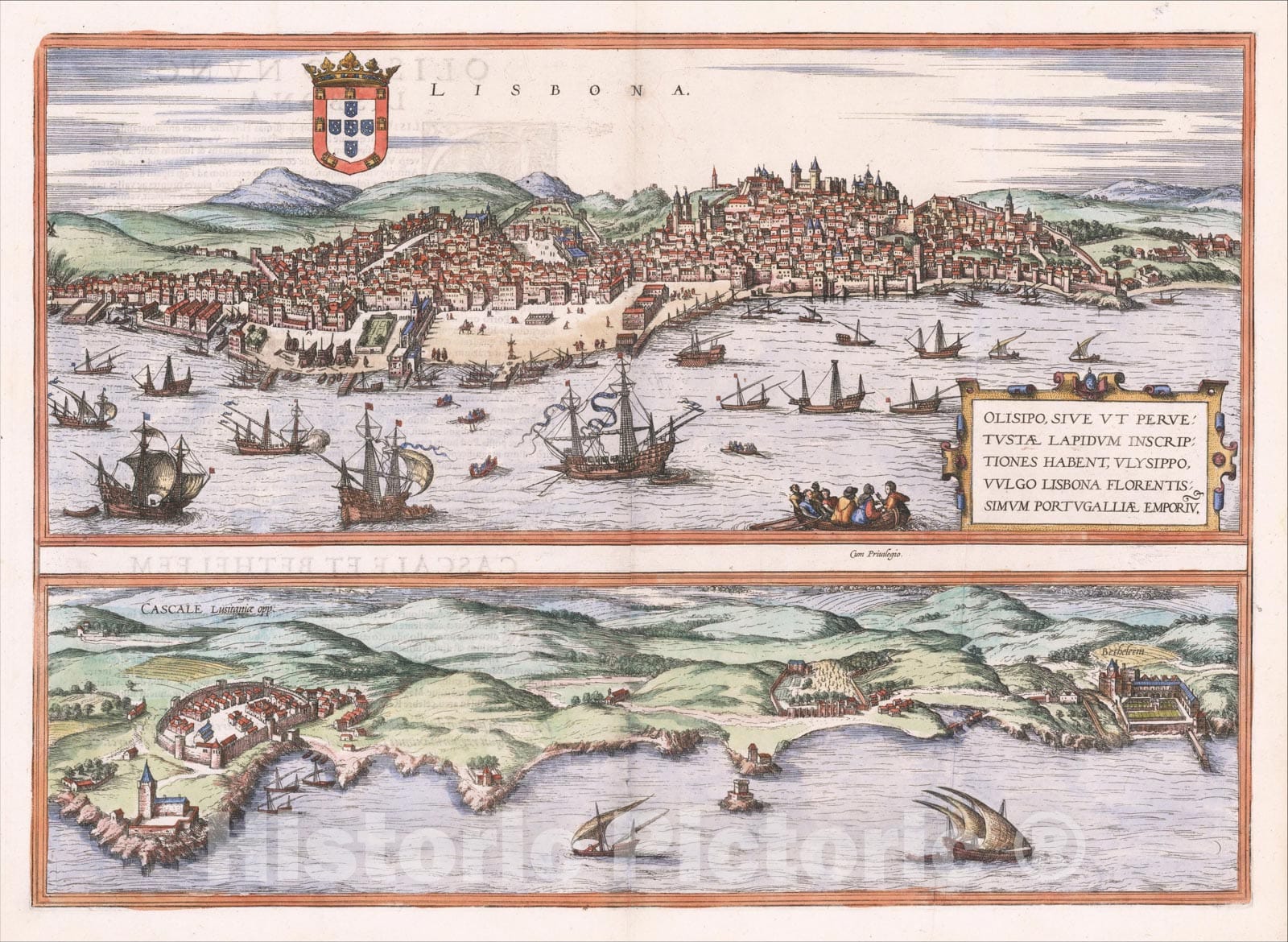 Historic Map : Lisbona. Olisipo, vulgo Lisbona Florentissimum Portugalliae Emporiu. with Cascale Lusitaniae Opp, 1572, Georg Braun, Vintage Wall Art