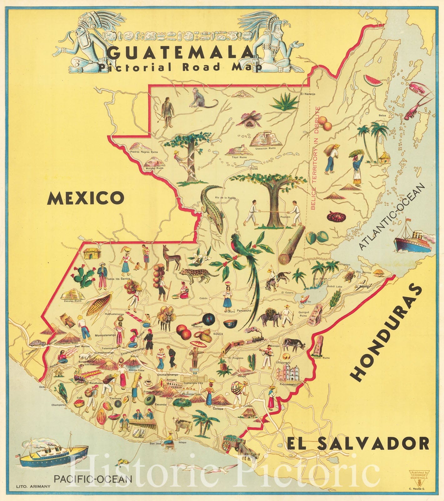 Guatemala - Pictorial Road Map, 1945 | Historical Map Print