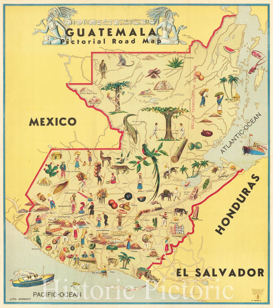Historic Map : Guatemala Pictorial Road Map, 1945, C Neutze, Vintage Wall Art