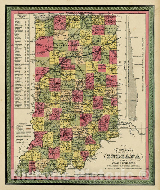 Historic Map : A New Map of Indiana with its Roads & Distances ., 1847, Samuel Augustus Mitchell, Vintage Wall Art