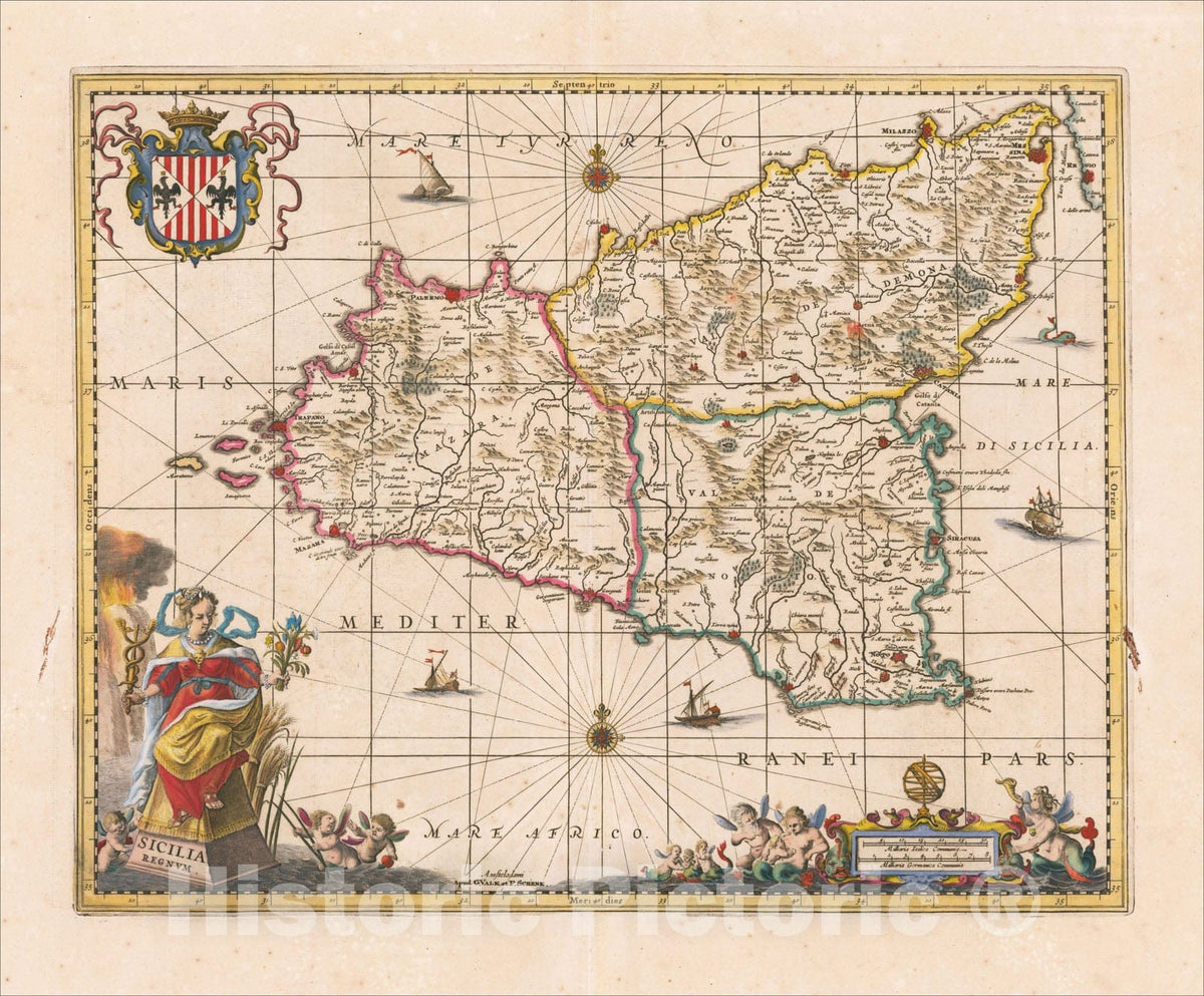 Historic Map : Sicilia Regnum, 1700, Peter Schenk, Vintage Wall Art