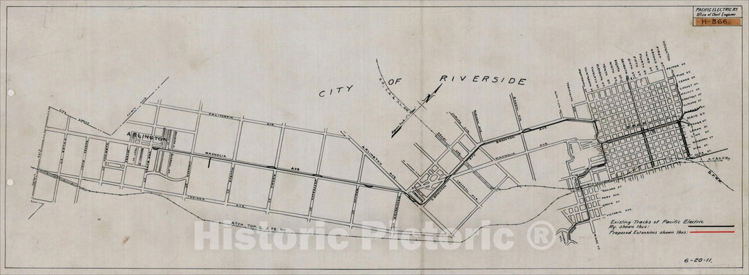Historic Map : (Pacific Electric Railway Lines in Riverside, California), 1911, , Vintage Wall Art