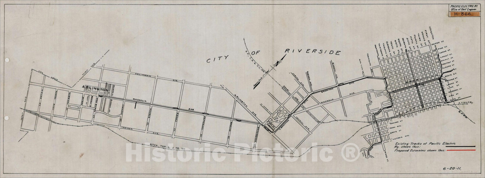 Historic Map : (Pacific Electric Railway Lines in Riverside, California), 1911, , Vintage Wall Art