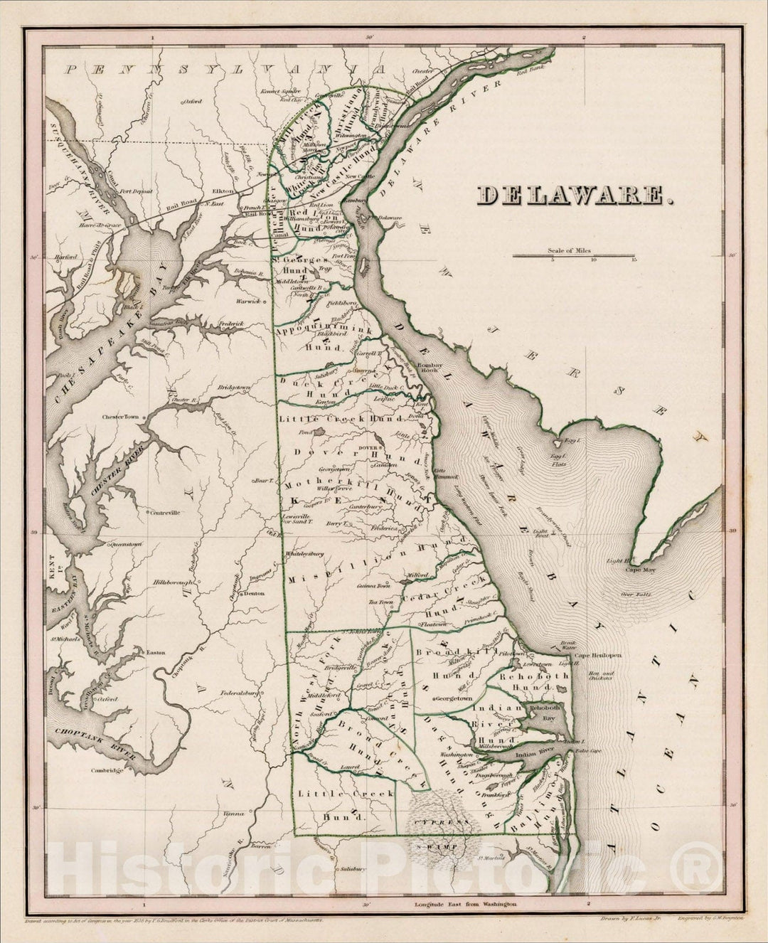 Historic Map : Delaware, 1838, Thomas Gamaliel Bradford, v2, Vintage Wall Art
