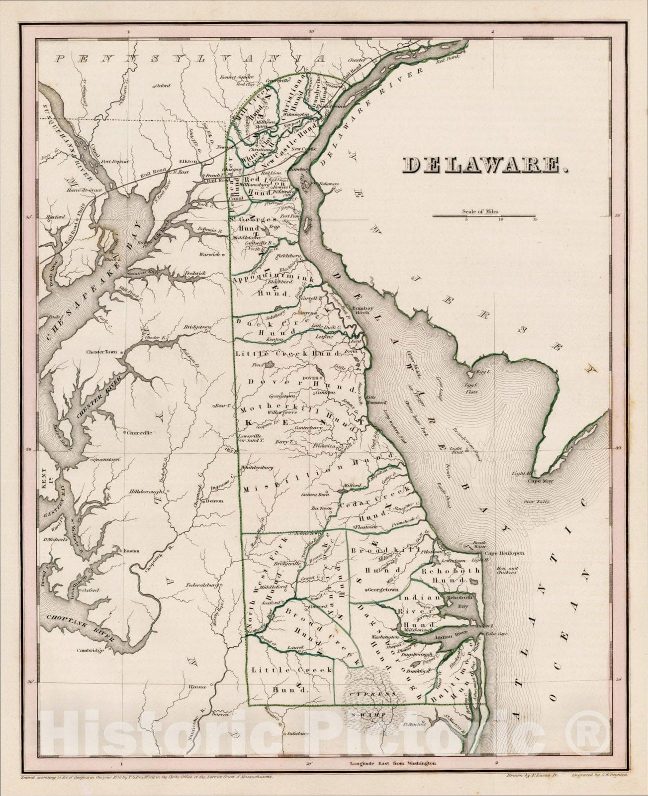 Historic Map : Delaware, 1838, Thomas Gamaliel Bradford, v2, Vintage Wall Art