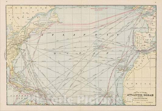 Historic Map : Map of the Atlantic Ocean Showing Distandces between Principal Points, 1892, George F. Cram, Vintage Wall Art