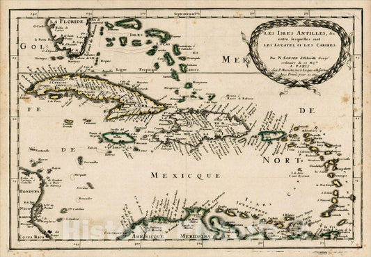 Historic Map : Les Isles Antilles entre les quelles sont Les Lucayes et Les Caribes, 1657, Nicolas Sanson, v2, Vintage Wall Art