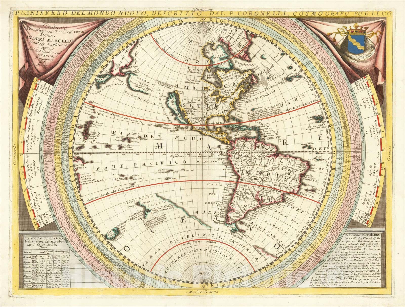 Historic Map : Planisfero Del Mondo Nuovo, Descritto Dal P. Coronelli, Cosmographo Publico, 1691, Vincenzo Maria Coronelli, Vintage Wall Art