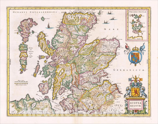 Historic Map : Scotia Regnum, c1640, Jan Jansson, Vintage Wall Art