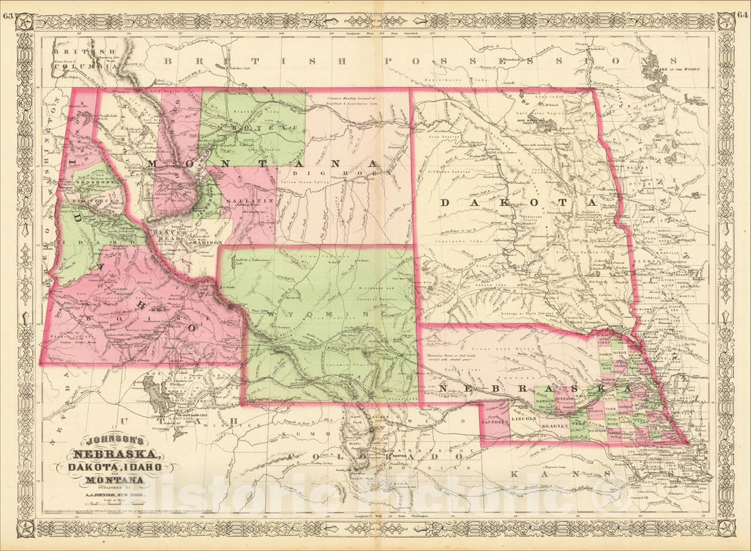 Historic Map : Johnson's Nebraska, Dakota, Idaho & Montana, 1866, Benjamin P Ward, Vintage Wall Art