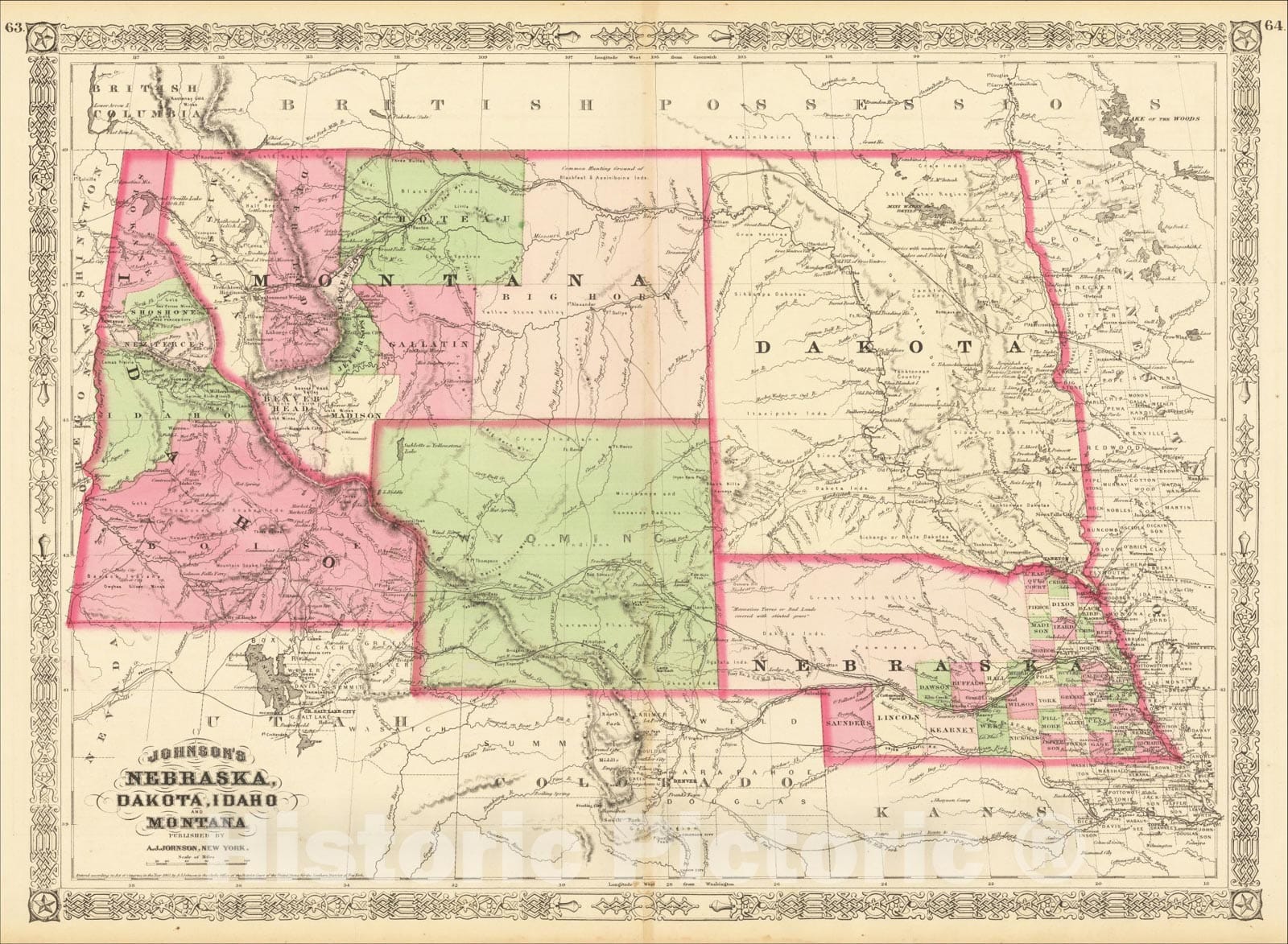 Historic Map : Johnson's Nebraska, Dakota, Idaho & Montana, 1866, Benjamin P Ward, Vintage Wall Art