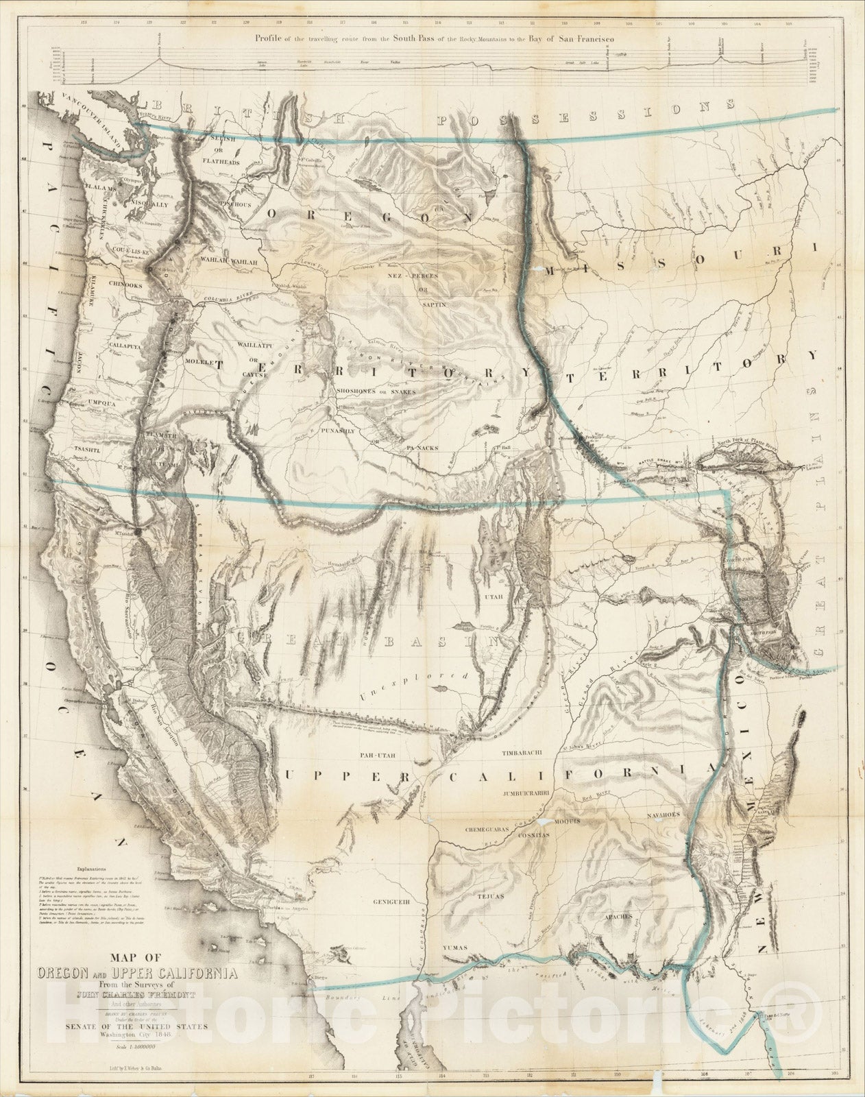 Historic Map : Map of Oregon and Upper California from the surveys of John Charles Fremont and others authorities, 1848, John Charles Fremont, Vintage Wall Art