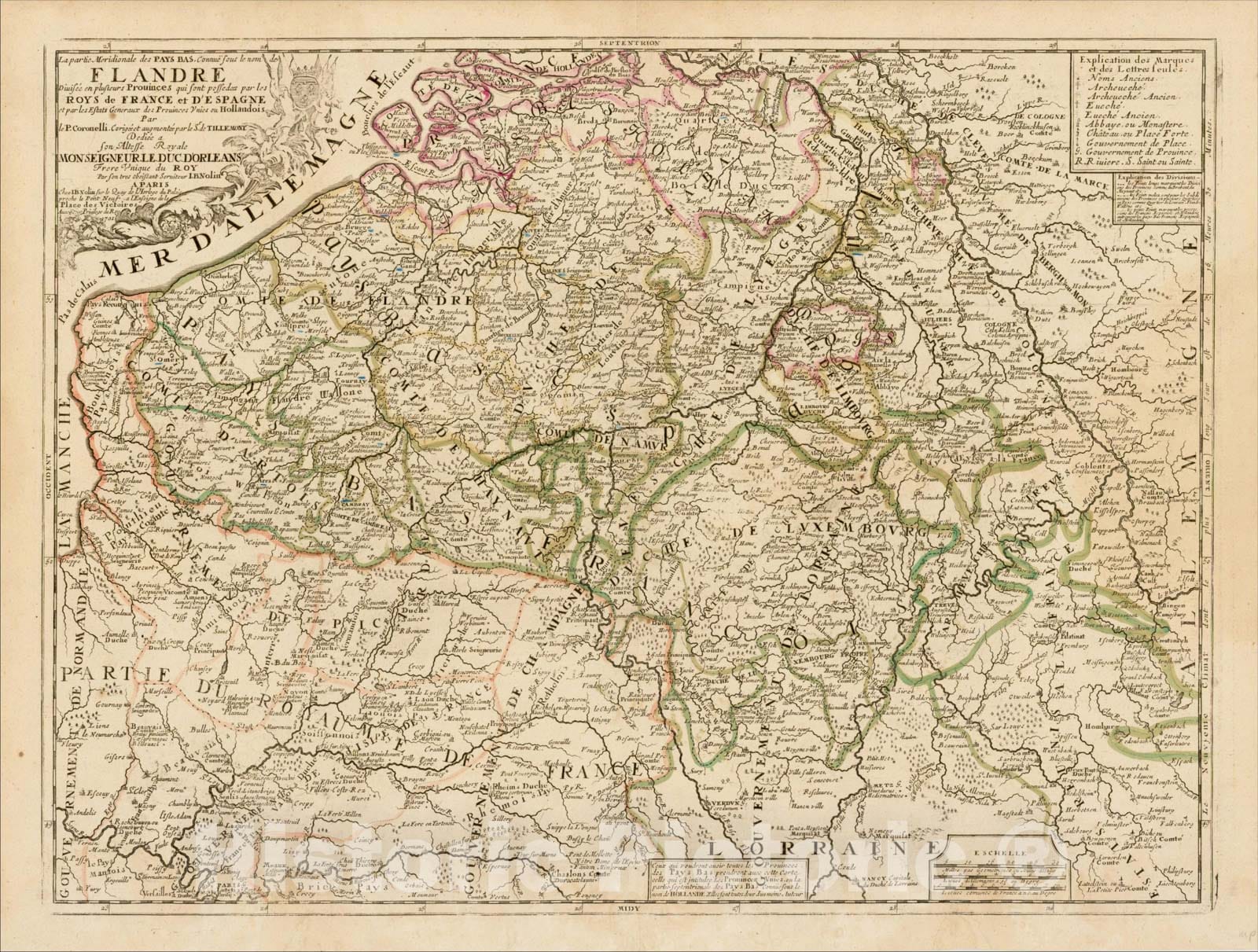 Historic Map : La Partie Meridionale des Pays Bas, Connue sous le nom de Flandre Divisee en plusieurs Provinces, 1701, Vincenzo Maria Coronelli, Vintage Wall Art