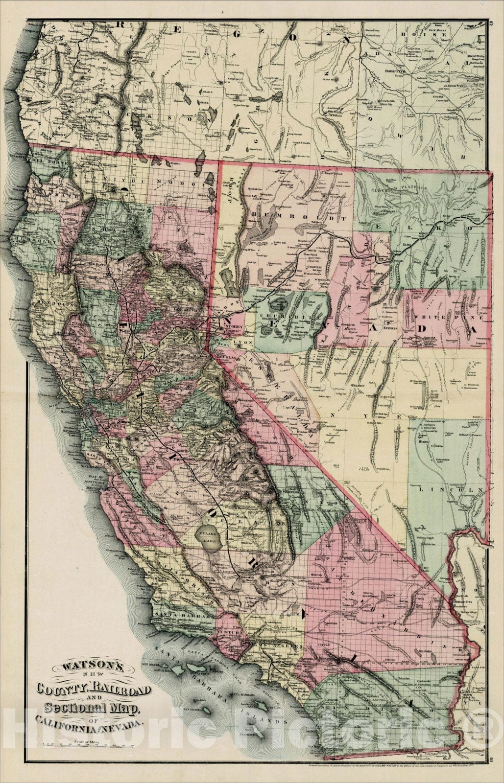 Historic Map : Watson's New County, Railroad and Distance Map of California and Nevada, 1875, , Vintage Wall Art