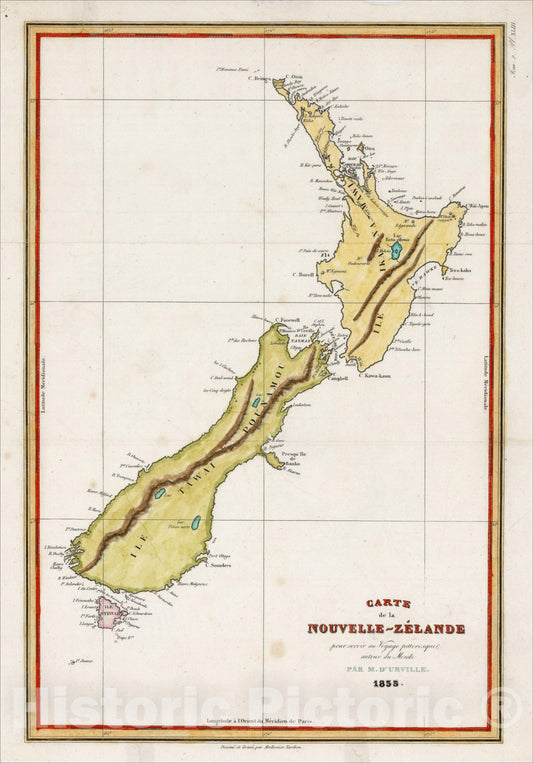 Historic Map : Carte de la Nouvelle-Zelande pour Servir au Voyage Pittoresque autour du Monde, 1835, 1835, Jules Sebastian Cesar Dumont-D'Urville, v3, Vintage Wall Art