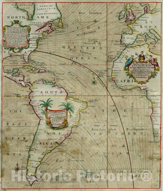 Historic Map : A New and Correct Chart Shewing the Variations of the Compass in the Western & Southern Oceans, 1702, , Vintage Wall Art