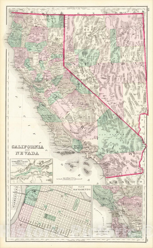 Historic Map : California and Nevada [Yosemite, Sacremento and SF Vicinity Insets], 1875, O.W. Gray & Son, Vintage Wall Art