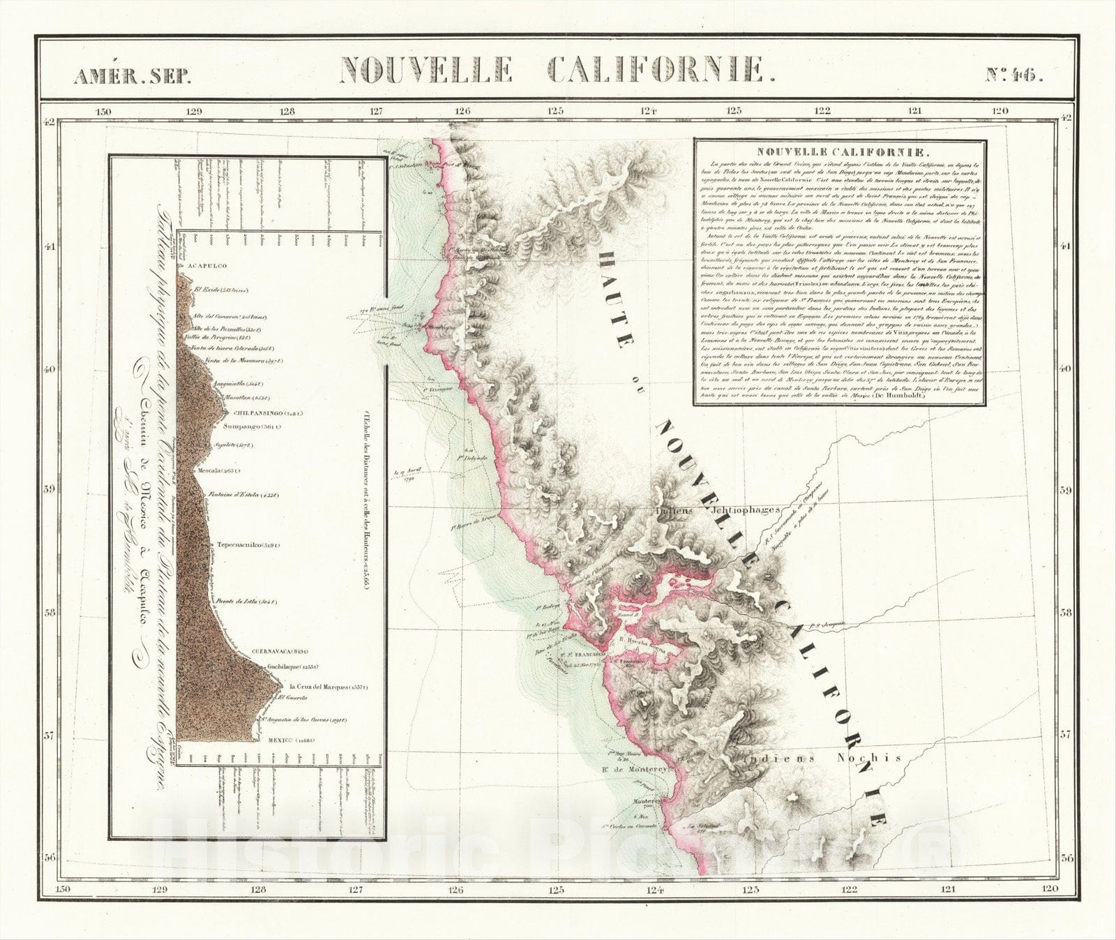 Historic Map : [San Francisco Bay, North Coast and Monterey Bay Region] Amer. Sep. No. 46 Nouvelle Californie, 1825, Philippe Marie Vandermaelen, Vintage Wall Art
