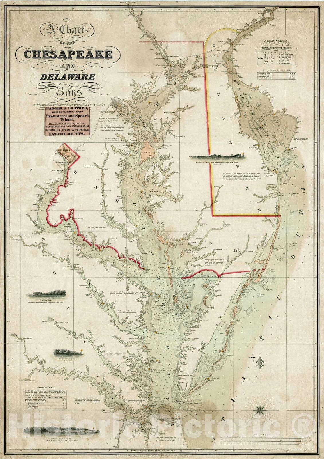 Historic Map : A Chart of the Chesapeake and Delaware Bays. Compiled and Published By Fielding Lucas Junr., 1852, , Vintage Wall Art
