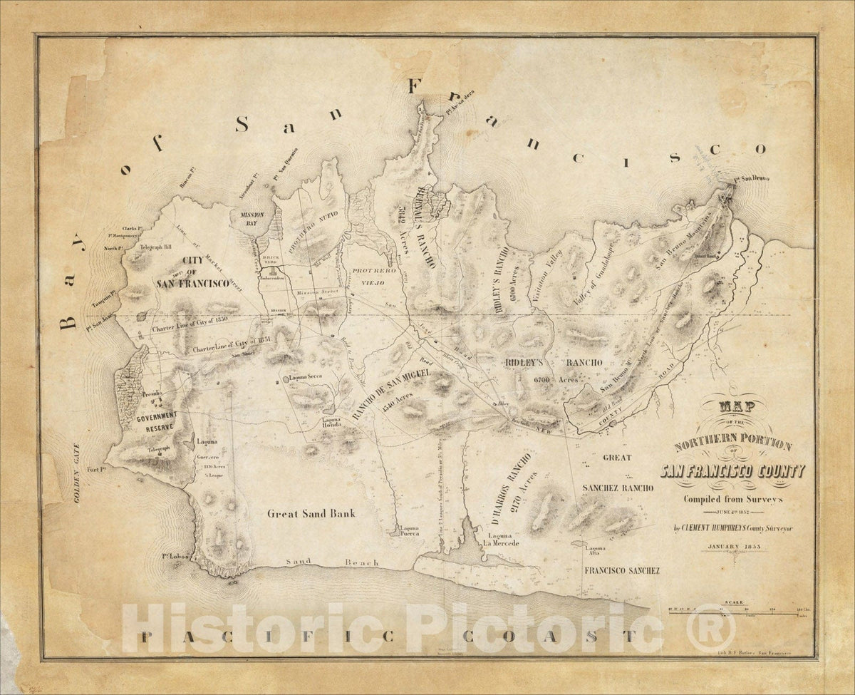 Historic Map : Map of the Northern Portion of San Francisco County complied from Surveys June 1st 1852 by Clement Humphreys January 1853., 1853, Vintage Wall Art