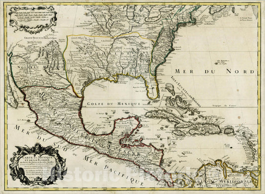 Historic Map : Carte Du Mexique et de la Floride des Terres Angloises et des Isles Antilles du Cours et des Environs de la Riviere Mississipi, 173, 1708, Vintage Wall Art