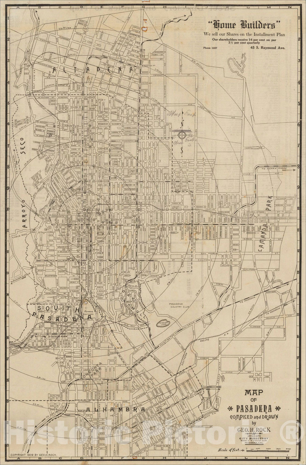 Historic Map : Map of Pasadena Compiled and Drawn by Geo. H. Rock, 1909, 1909, George H. Rock, Vintage Wall Art