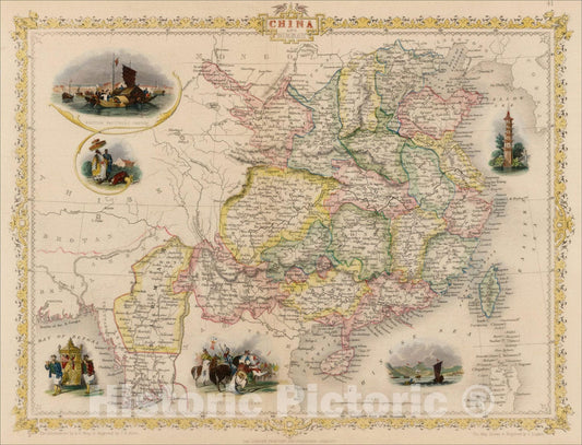Historic Map : China and Birmah (Early naming and view of Hong Kong), 1851, John Tallis, Vintage Wall Art