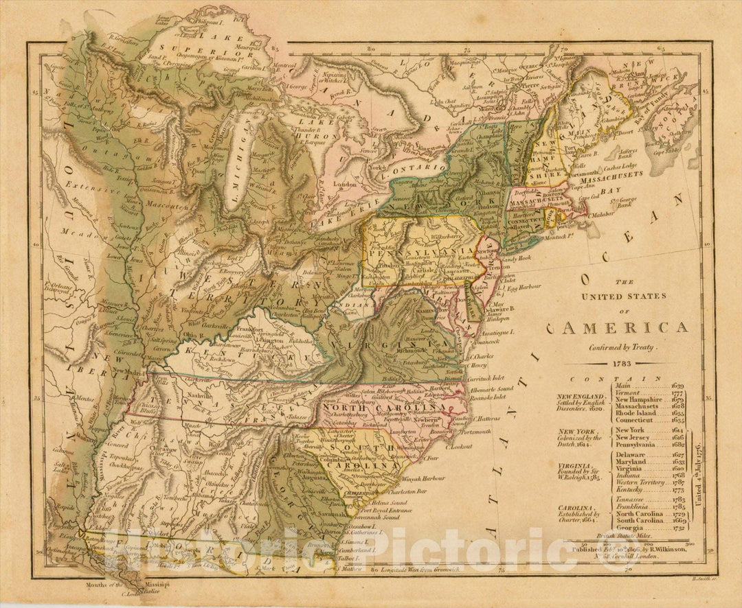 Historic Map : The United States of America Confirmed By Treaty 1783 [shows Franklinia], 1806, Robert Wilkinson, v5, Vintage Wall Art