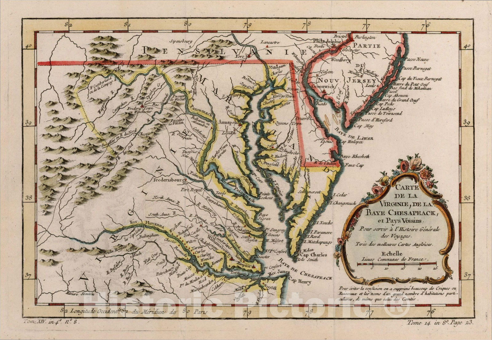 Historic Map : Carte De la Virginie, De La Baye Chesapeack, et Pays Voisins . . ., 1757, Jacques Nicolas Bellin, v3, Vintage Wall Art