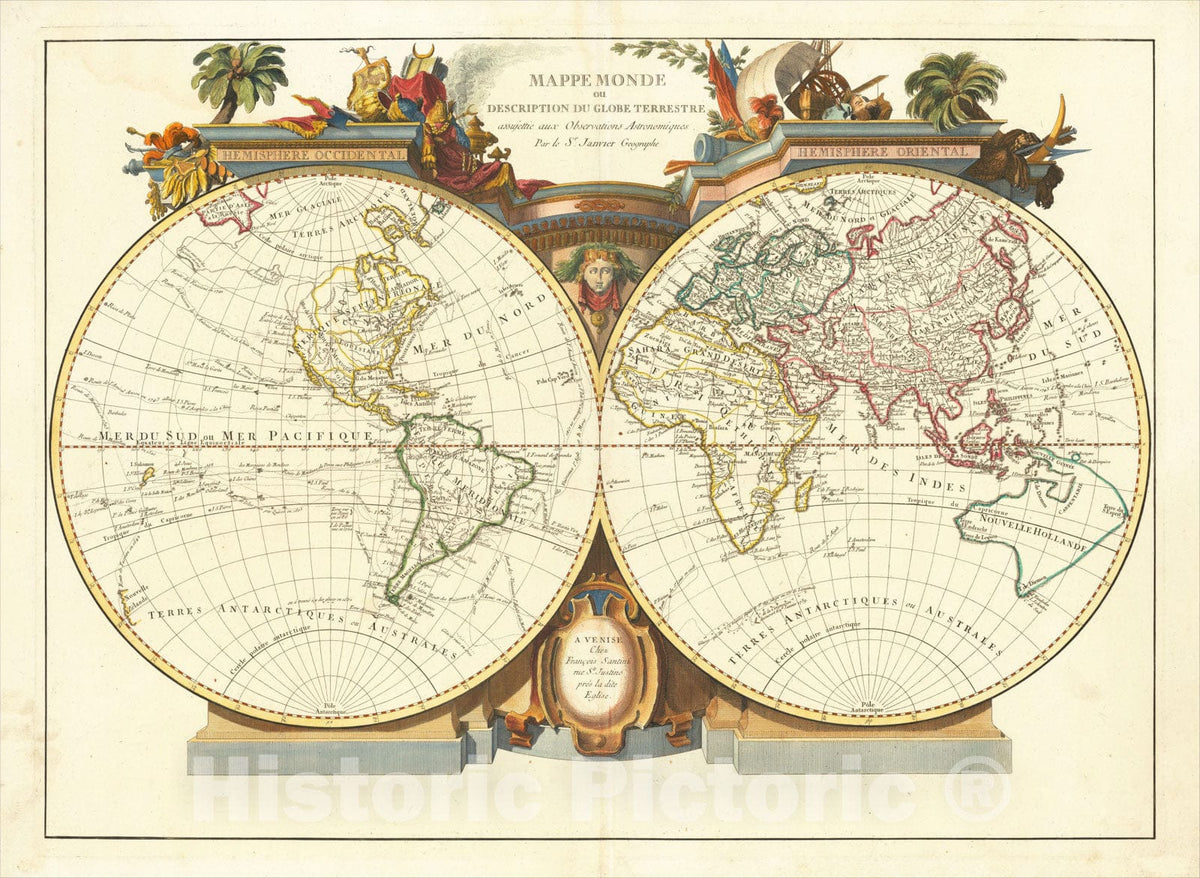 Historic Map : Mappe Monde ou Description Du Globe Terrestre assujettie aux Observations Astronomiques, 1776, Paolo Santini, Vintage Wall Art