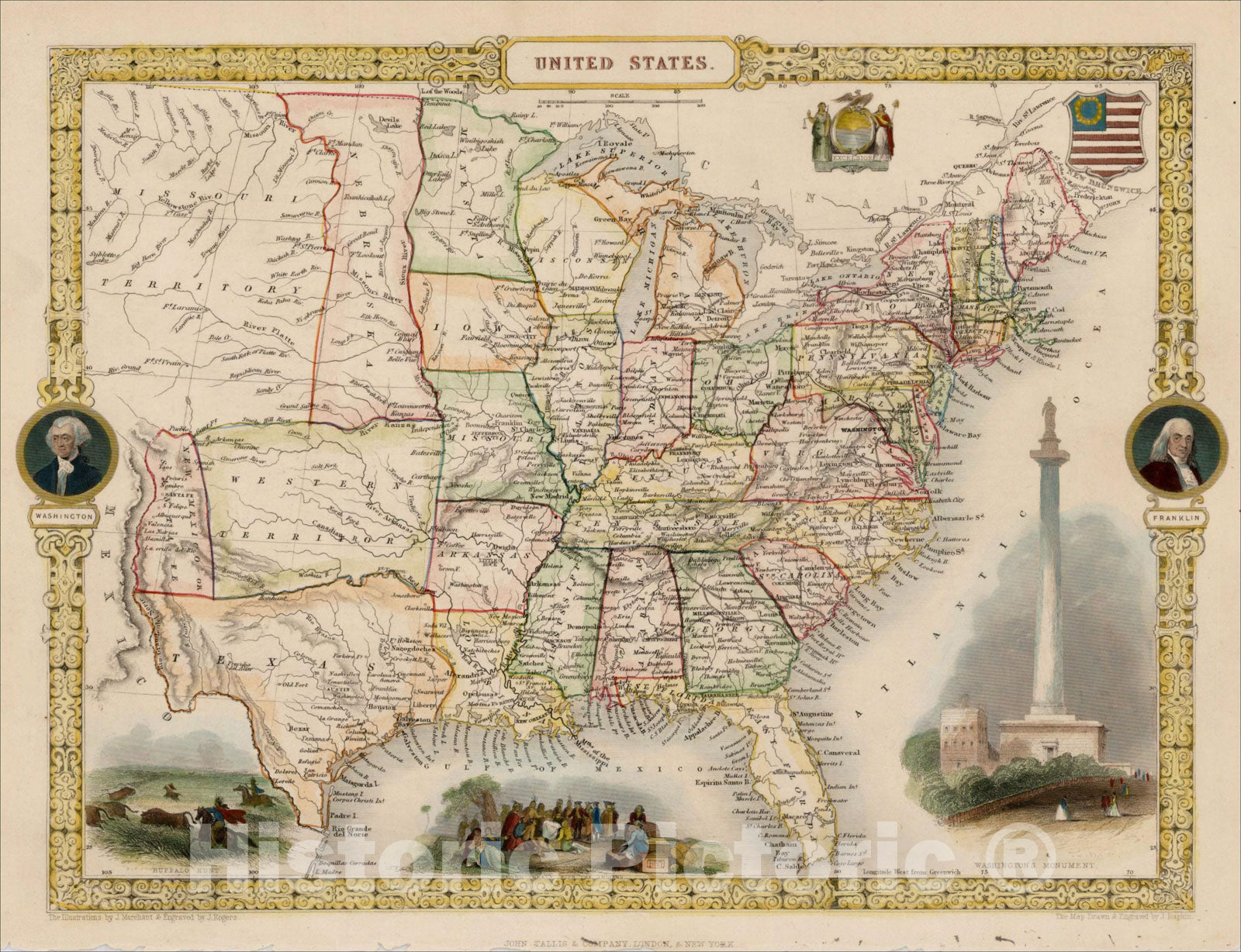 Historic Map : United States, 1851, John Tallis, v3, Vintage Wall Art