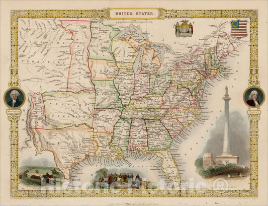 Historic Map : United States, 1851, John Tallis, v3, Vintage Wall Art