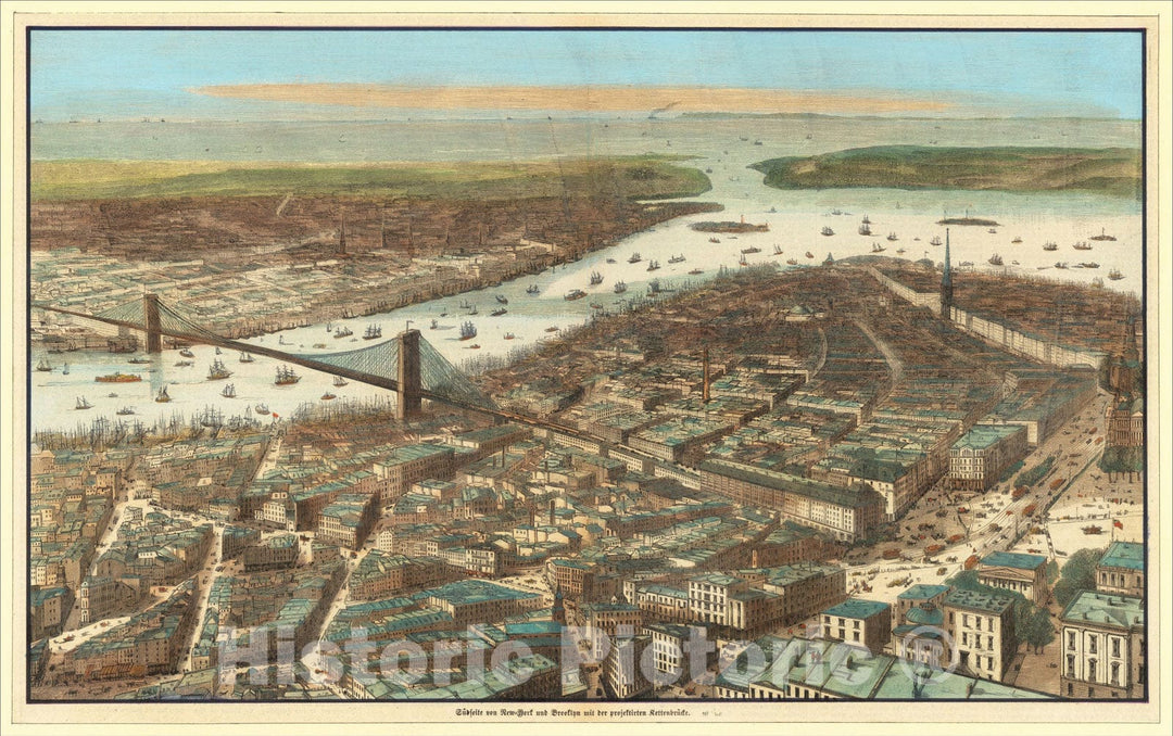 Historic Map : S?dseite von New=York und Brooklyn mit der projektierten Kettenbr?cke, c1883, Anonymous, Vintage Wall Art