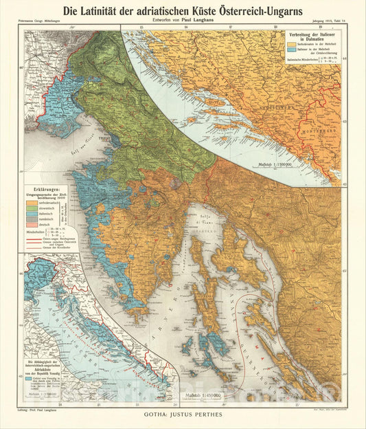 Historic Map : Die Latinitat der adriatischen Kust Osterreich-Ungarns Entworfen von Paul Langhams, 1915, 1915, Augustus Herman Petermann, Vintage Wall Art