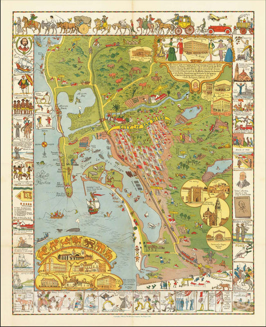 Historic Map : Romance and Humour of the glorious City of San Diego by the Pacific, 1928, Jo Mora, v1, Vintage Wall Art