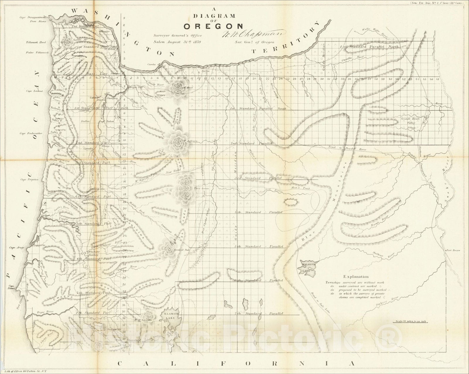 Historic Map : A Diagram of Oregon, 1859, 1859, U.S. General Land Office, Vintage Wall Art