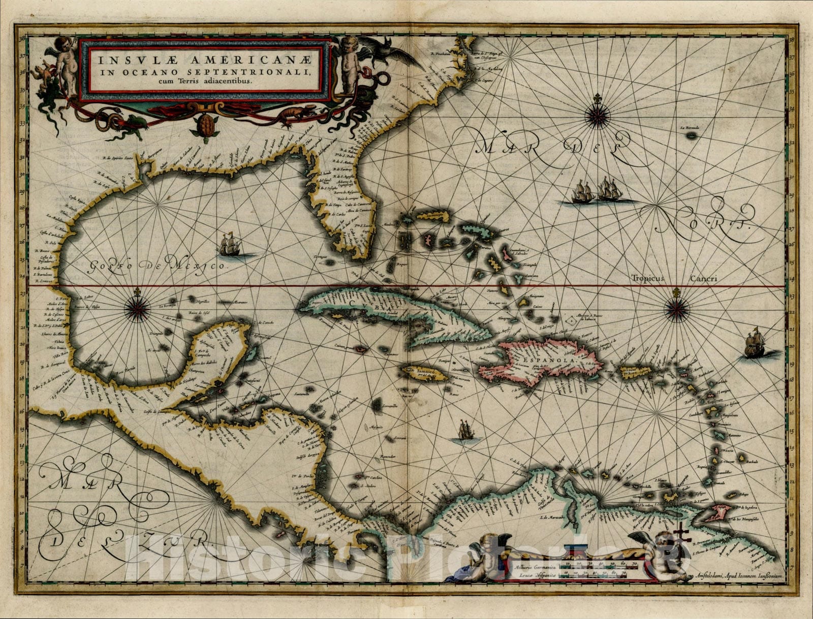 Historic Map : Insulae Americanae in Oceano Septentrionali cum Terris adiacentibus, c1635, Jan Jansson, Vintage Wall Art